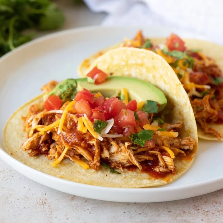 A close-up of vibrant Slow Cooker Shredded Chicken Tacos, invitingly piled high with toppings.