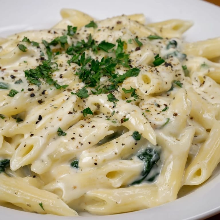 A close-up of The Magic Casserole: a creamy pasta dish with visible spinach and golden cheese topping.