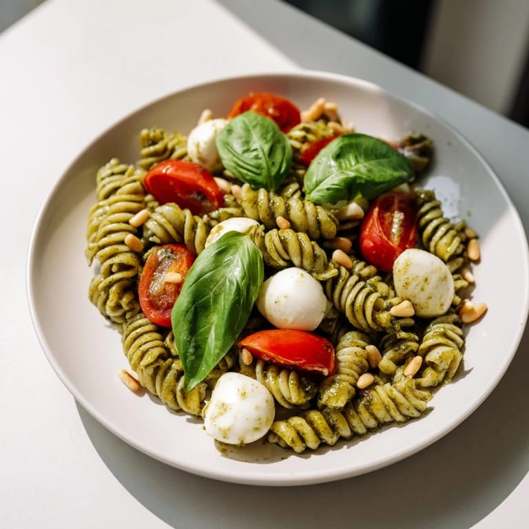 This Cold Pasta Salad is tossed with pesto and garnished with fresh basil leaves, ready to enjoy.