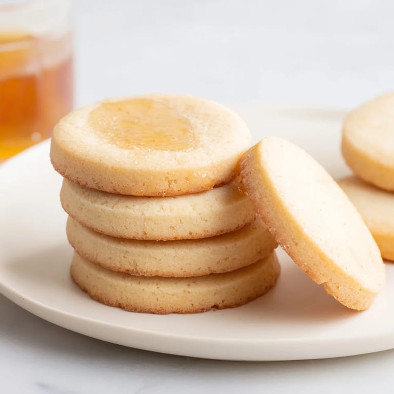 Close-up of perfect honey butter shortbread cookies, showcasing the golden edges and crumbly texture.