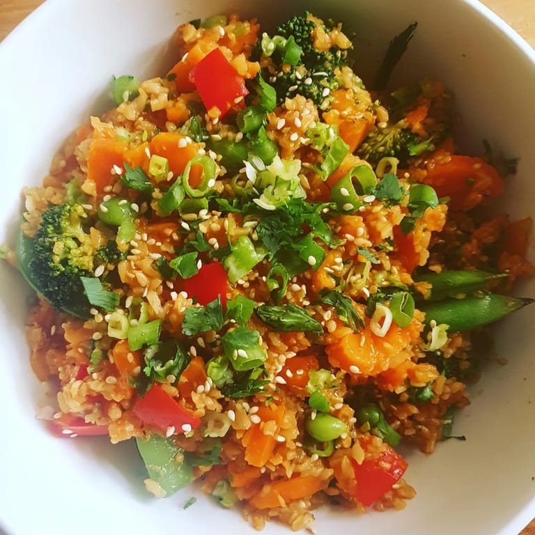 A delicious serving of freshly cooked Crispy Vegetable Fried Rice Bowls, topped with sesame seeds and cilantro.