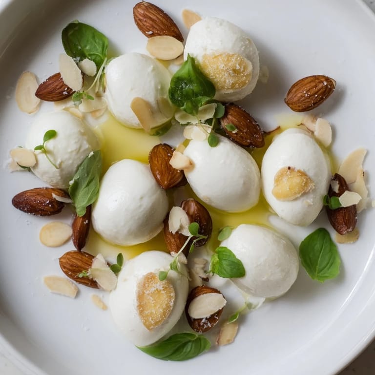 Artistically arranged The Polished Pebble plate, showcasing smooth mini mozzarella with rustic, crunchy roasted almonds.