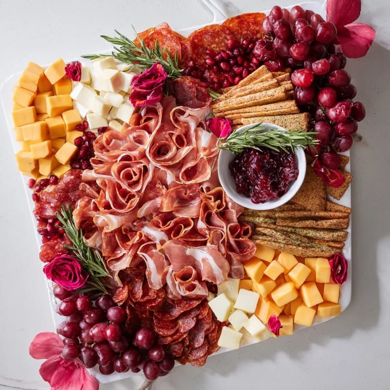 The stunning Crimson Crest charcuterie board, filled with luscious red ingredients ideal for sharing.
