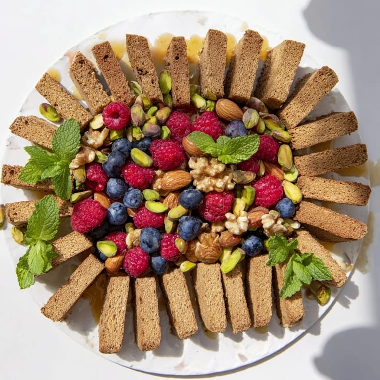 Crisp crackers form a The Picket Fence, framing a colorful mix of berries and nuts perfect for sharing.