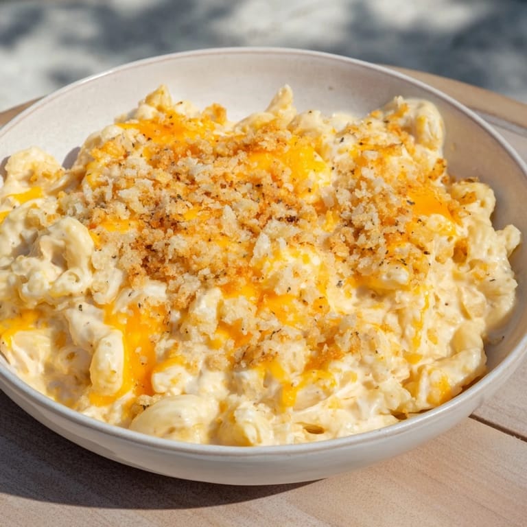 Tender macaroni and chunks of chicken mingle in a rich cheese sauce within this comforting Struggle Meal creation.