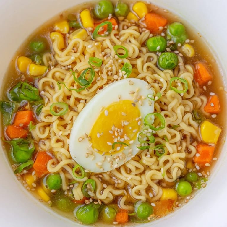 Delicious, homemade Ramen Upgrade with Frozen Peas, ready to eat with optional sesame seed topping.
