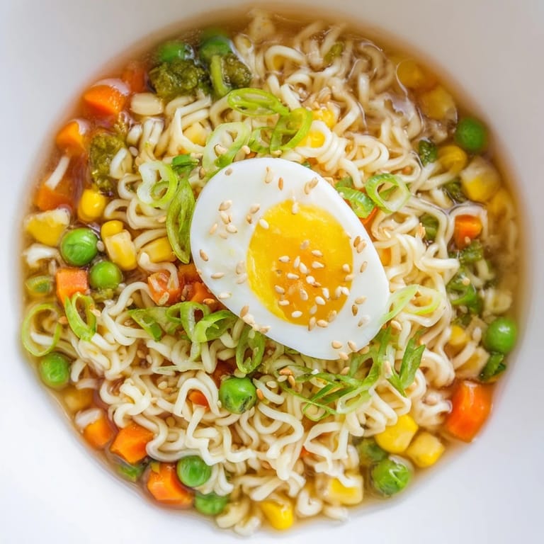 Vibrant image shows a comforting bowl of Ramen Upgrade with Frozen Peas, featuring colorful vegetables.