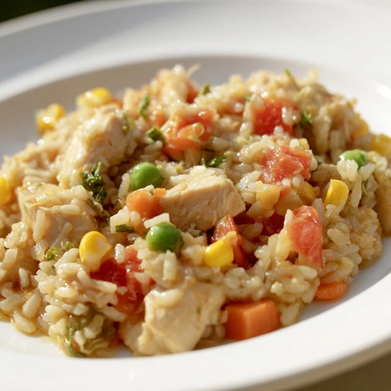 A steaming bowl of One-Pot Chicken and Rice, filled with tender chicken and fluffy rice, ready to serve.