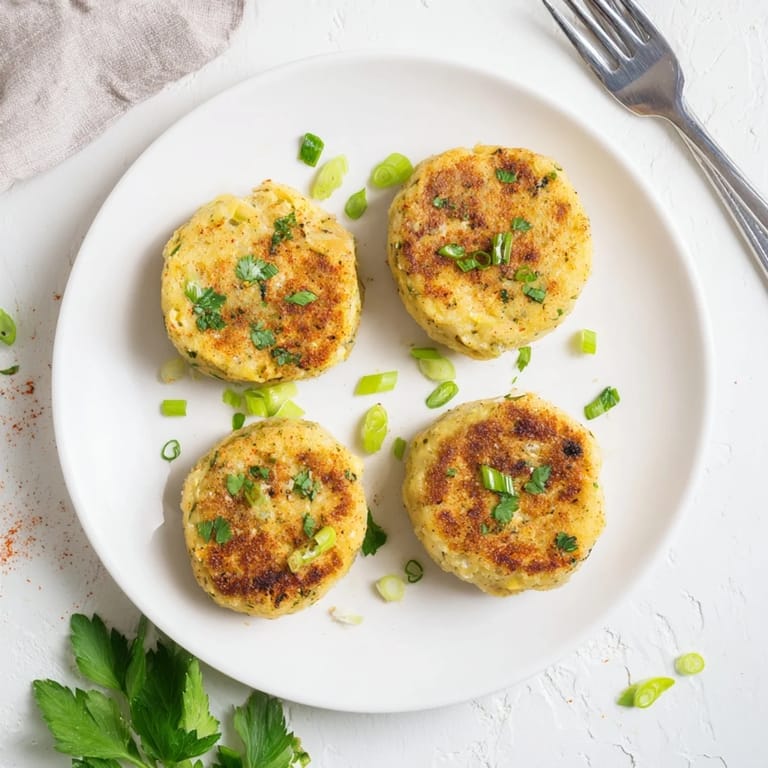 A plate of freshly fried Potato and Chicken Cakes, ready to serve with a garnish of parsley.