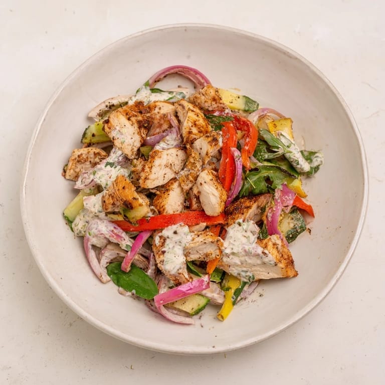 Flavorful Mrs. Dash-infused canned chicken salad, served chilled on a bed of fresh greens.