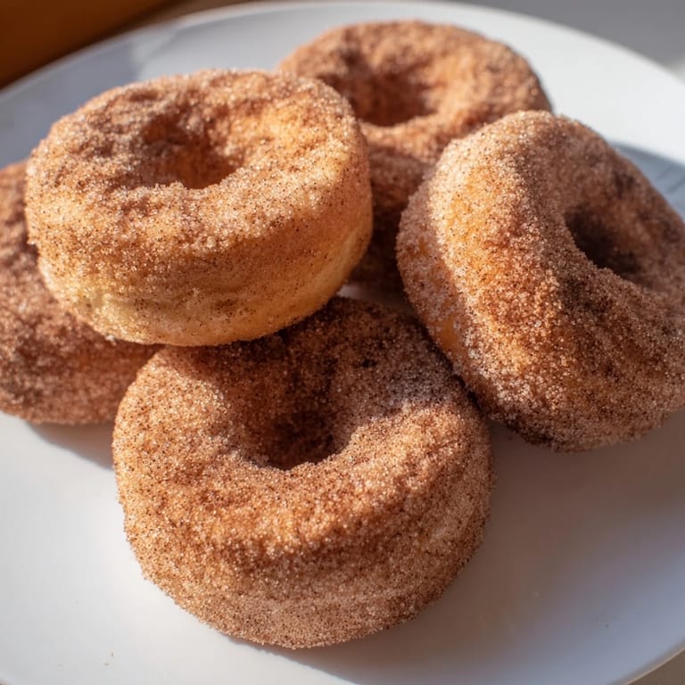 Close-up of freshly made cinnamon-sugar baked donuts, coated in a glistening cinnamon-sugar crust, smelling delicious.
