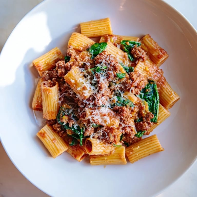 A close-up of One-Pot Italian Sausage Tomato Pasta, the sausage browned in a vibrant tomato sauce.