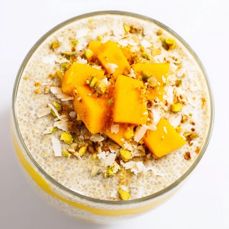 A close-up of vibrant Mango Coconut Chia Pudding, topped with toasted coconut and pistachios.