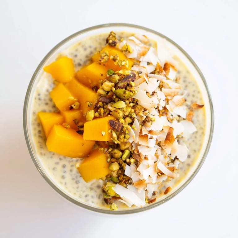 Delicious, vegan Mango Coconut Chia Pudding served in a glass, perfect for a refreshing breakfast.