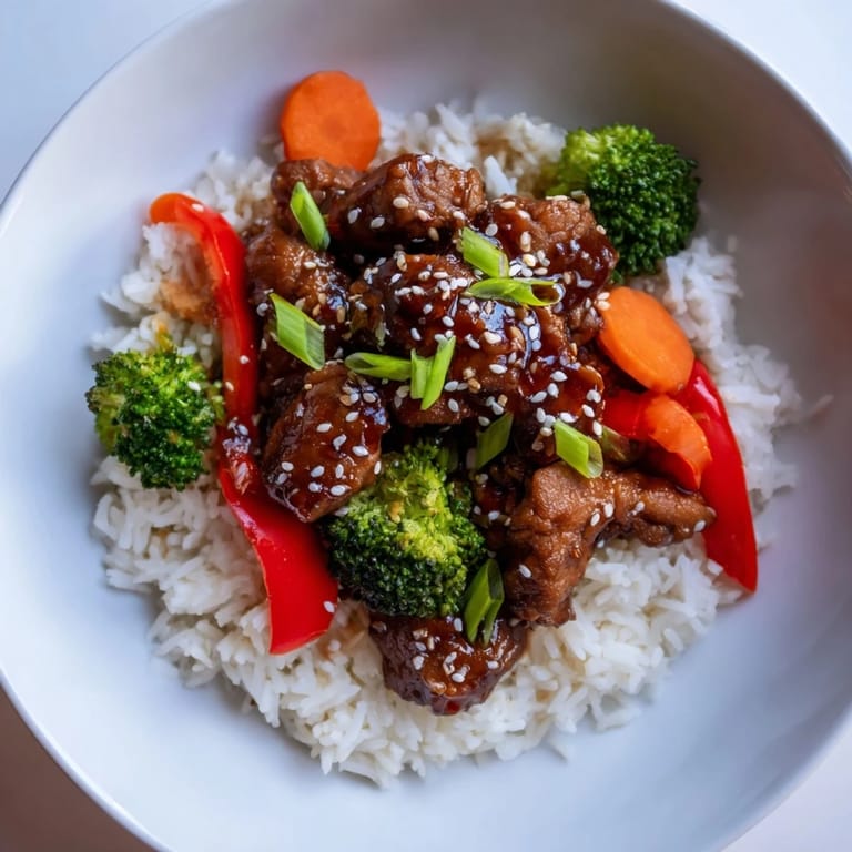 Savory Teriyaki Chicken Rice with glazed chicken pieces and a colorful medley of tender steamed vegetables is shown.