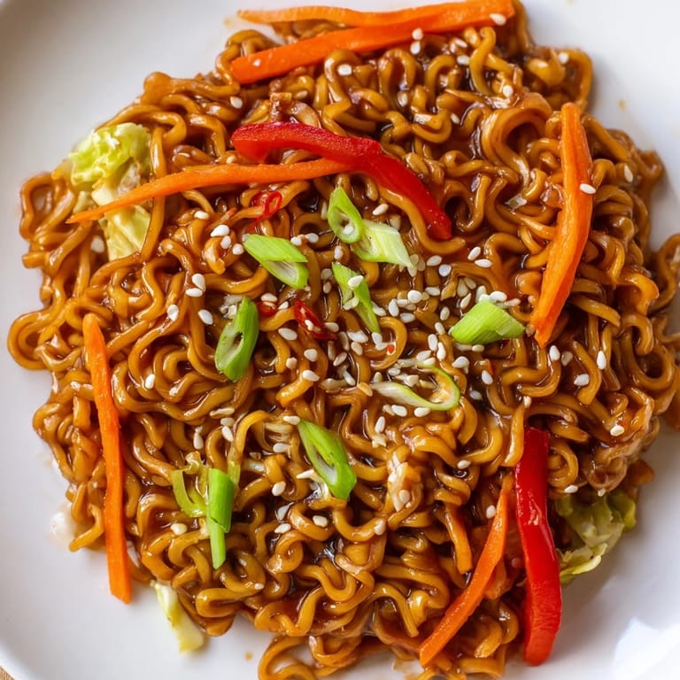 A close-up of the flavorful Spicy Ramen Stir Fry, a quick vegetarian meal ready to eat.