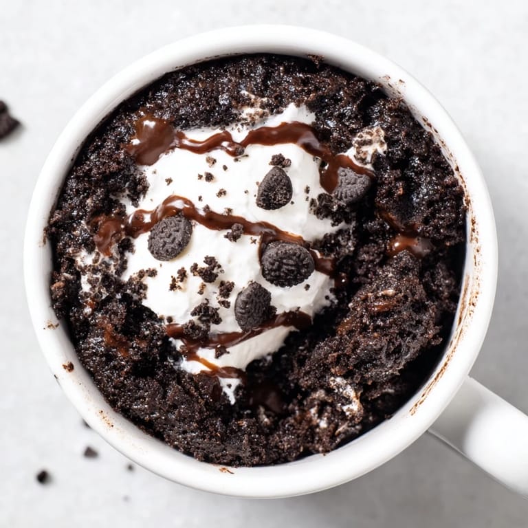 A close-up of a freshly made Oreo mug cake, moist and fudgy, ready to enjoy immediately.