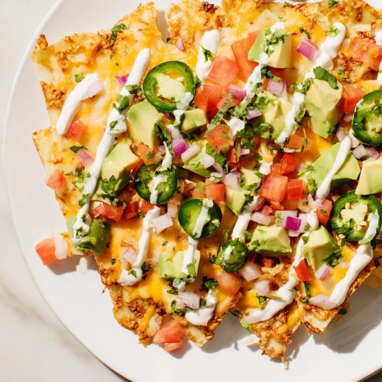 A delicious close-up of baked Pasta Chips Nachos loaded with melted cheese and fresh, crunchy vegetables.
