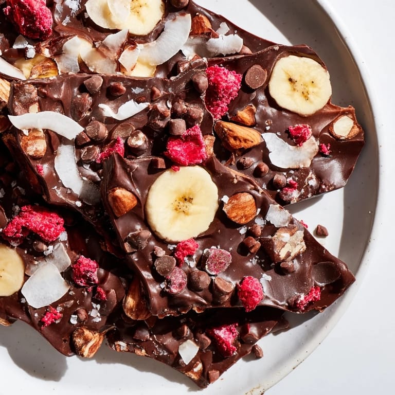 Beautiful close-up of Chocolate Banana Bark, showcasing a frozen, delicious, and easy homemade treat.