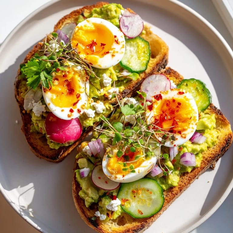 Perfectly cooked jammy egg and fresh veggies grace this colorful plate of Loaded Avocado Toast.