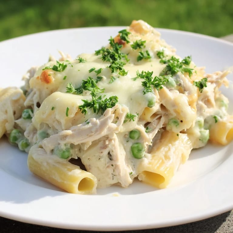 Imagine warm, cheesy Slow Cooker Chicken Alfredo Pasta Bake, served hot, with parsley and the perfect pasta texture.