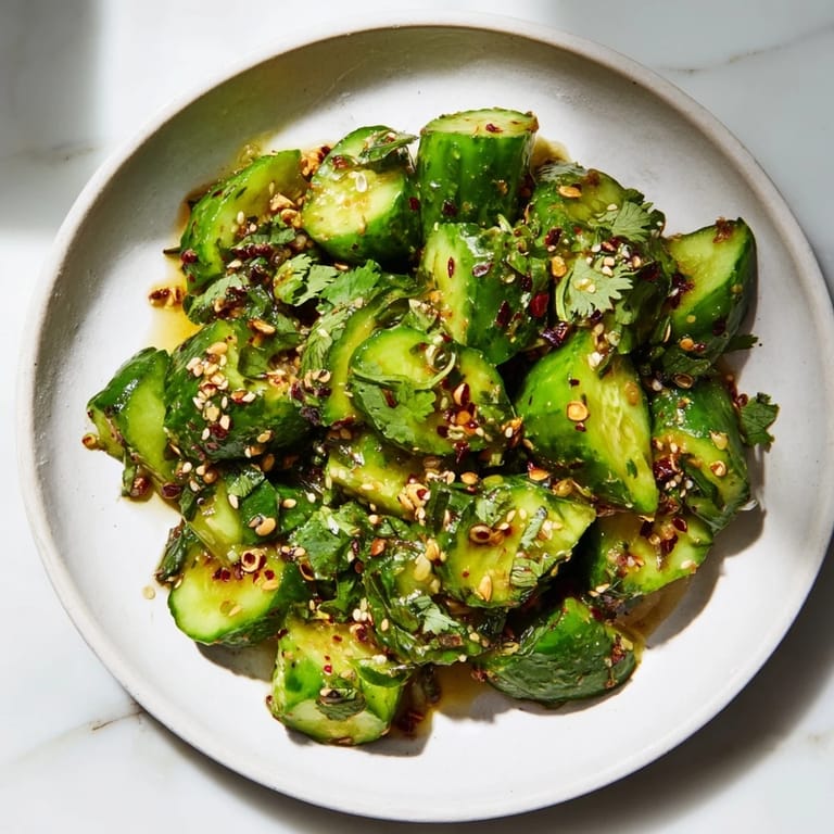 A close-up of a refreshing Chinese Spicy Smashed Cucumber Salad, garnished with sesame seeds and cilantro.