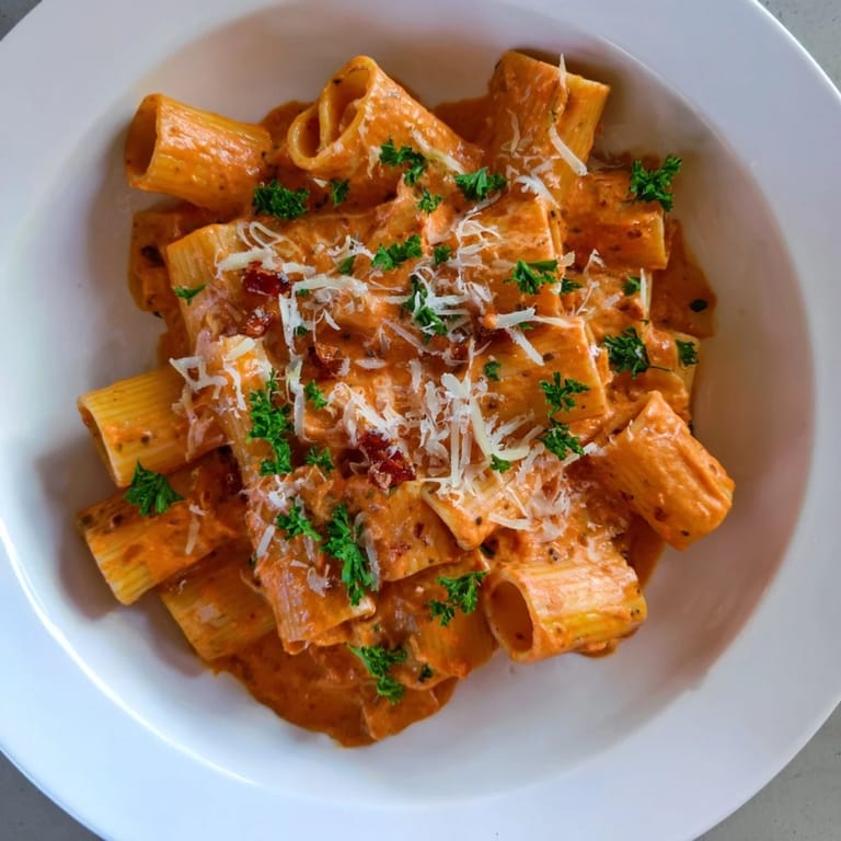 Indulge in this bowl of Gigi Hadid-Style Spicy Rigatoni, featuring perfectly cooked rigatoni and a rich vodka-infused sauce.