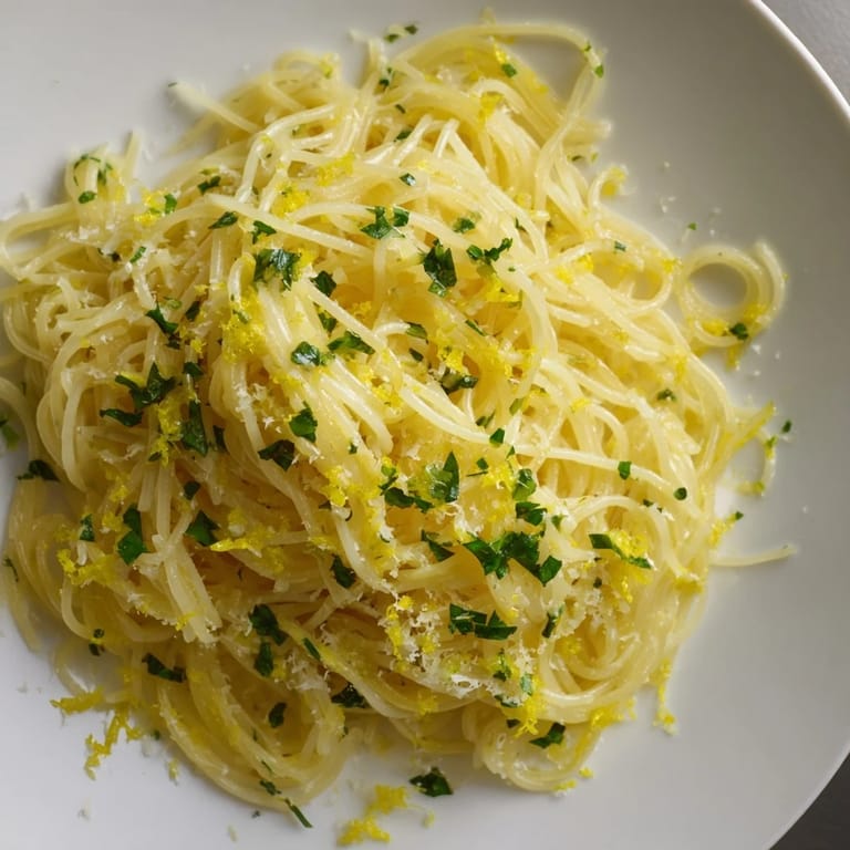 Freshly made Lemon Capellini with vibrant basil and parsley, a visually appealing Italian main.