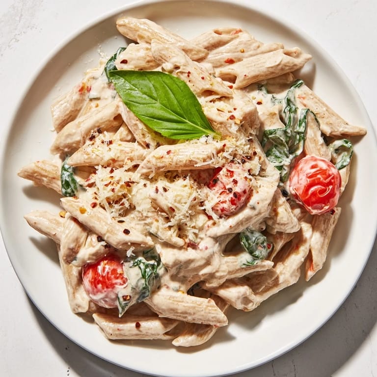 Enjoy a large, comforting serving of Cottage Cheese High-Protein Creamy Pasta, perfect for a high-protein meal.