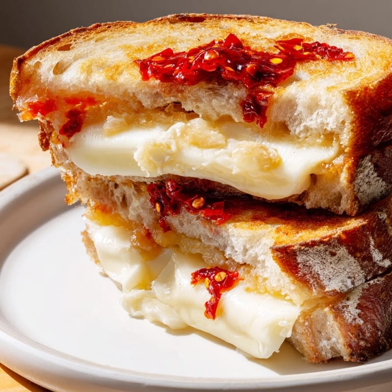 Buttery sourdough, holding a gooey Brie and Chili Crisp Grilled Cheese, ready to eat.