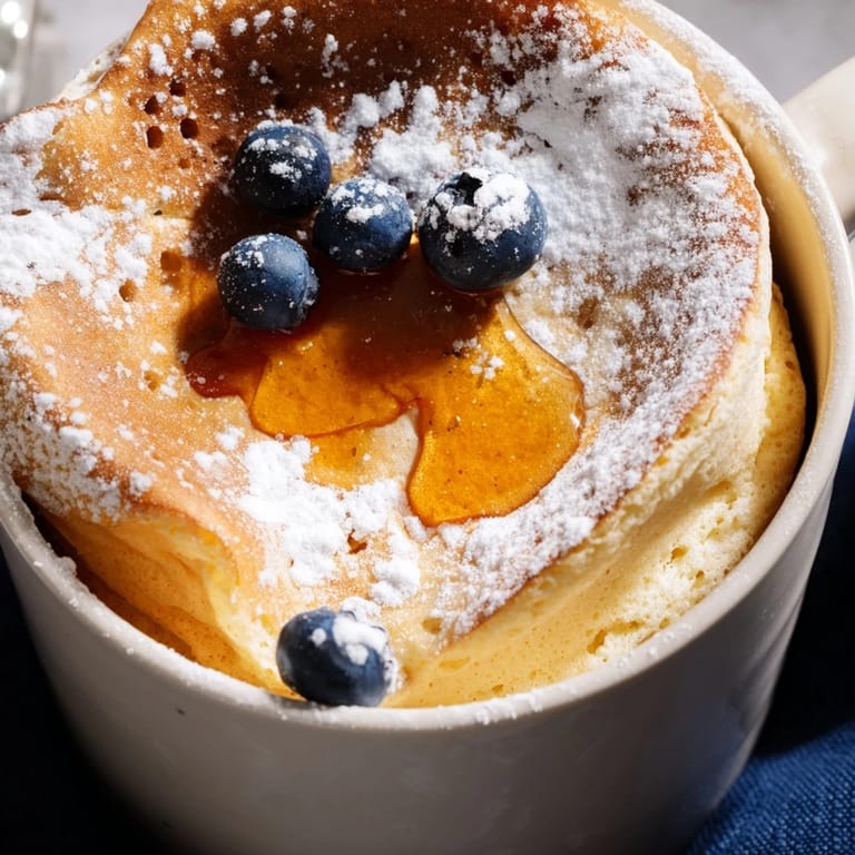 A close-up of a fluffy microwave mug pancake, a perfect single-serving treat, ready fast.