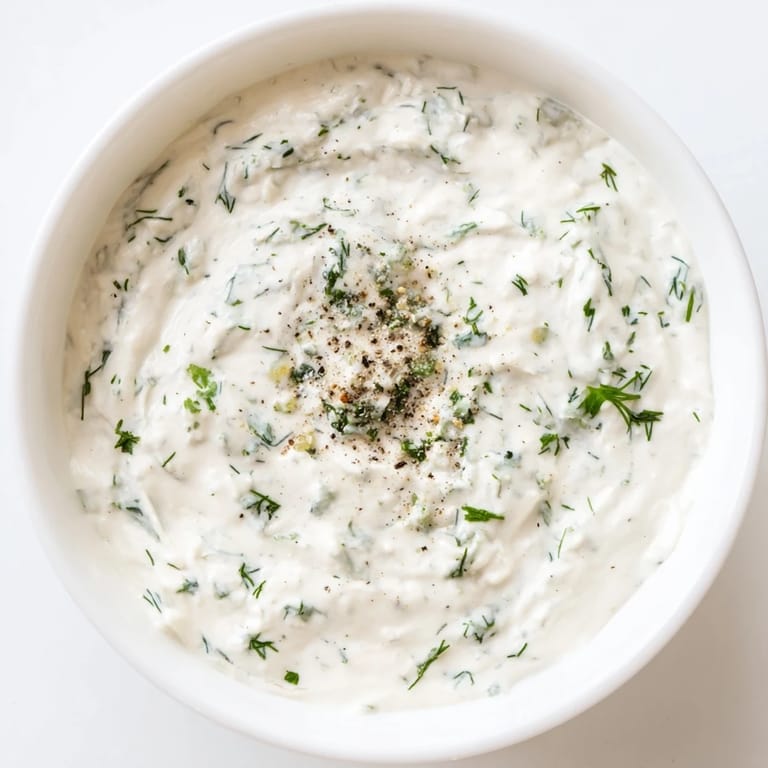Freshly made Greek yogurt herb dip with chopped herbs and garlic, ready to be served cold.