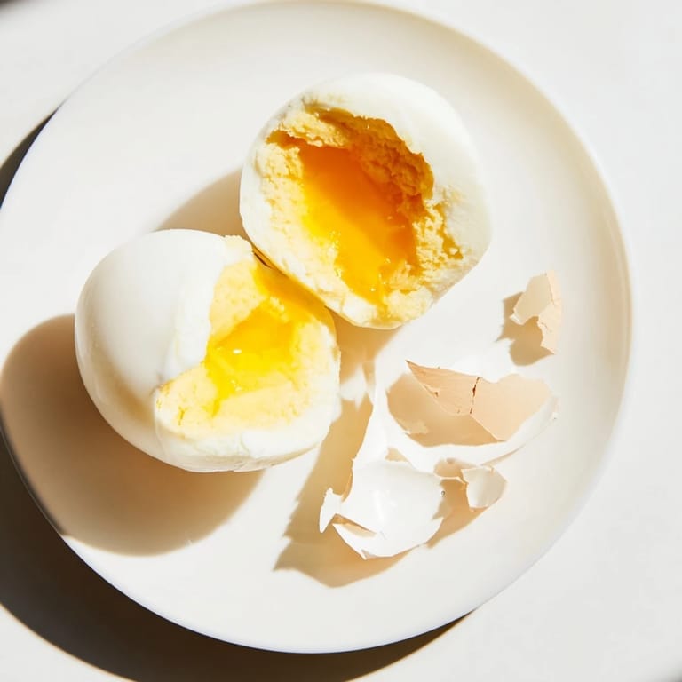 Cracked open air fryer boiled eggs show off the tender white and creamy yolk – a simple, fantastic breakfast choice.
