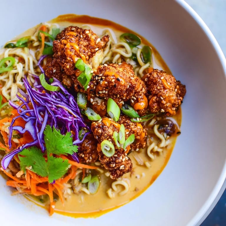 Vibrant Chaos Cooking Buffalo Cauliflower Ramen with tender noodles, fresh toppings, and spicy buffalo flavor.