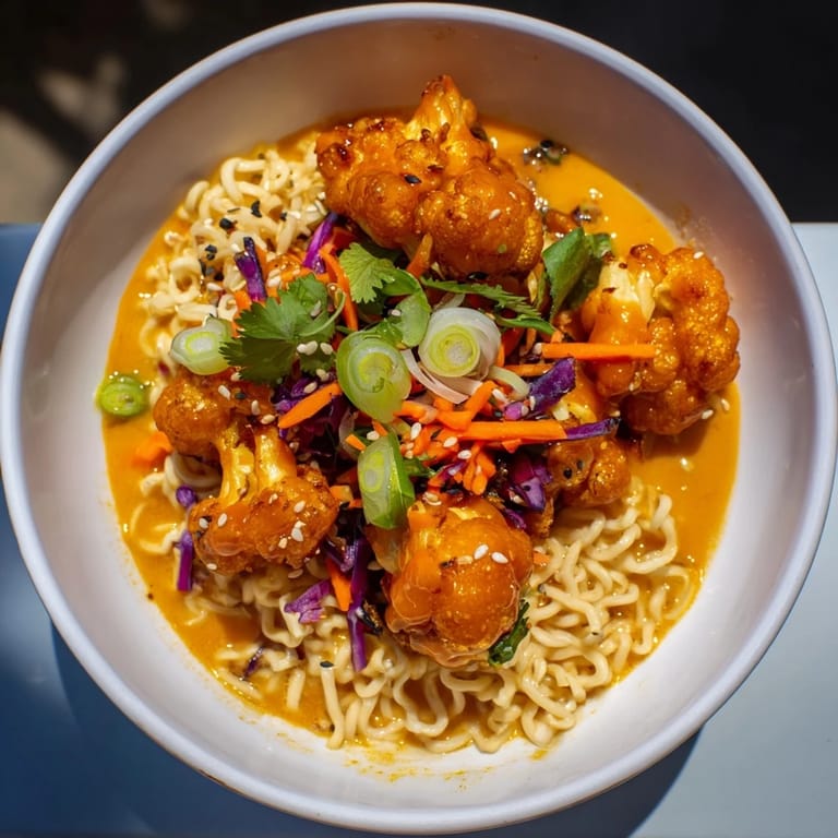 Close-up of Chaos Cooking Buffalo Cauliflower Ramen; creamy, flavorful broth, topped with colorful vegetables, and cauliflower florets.