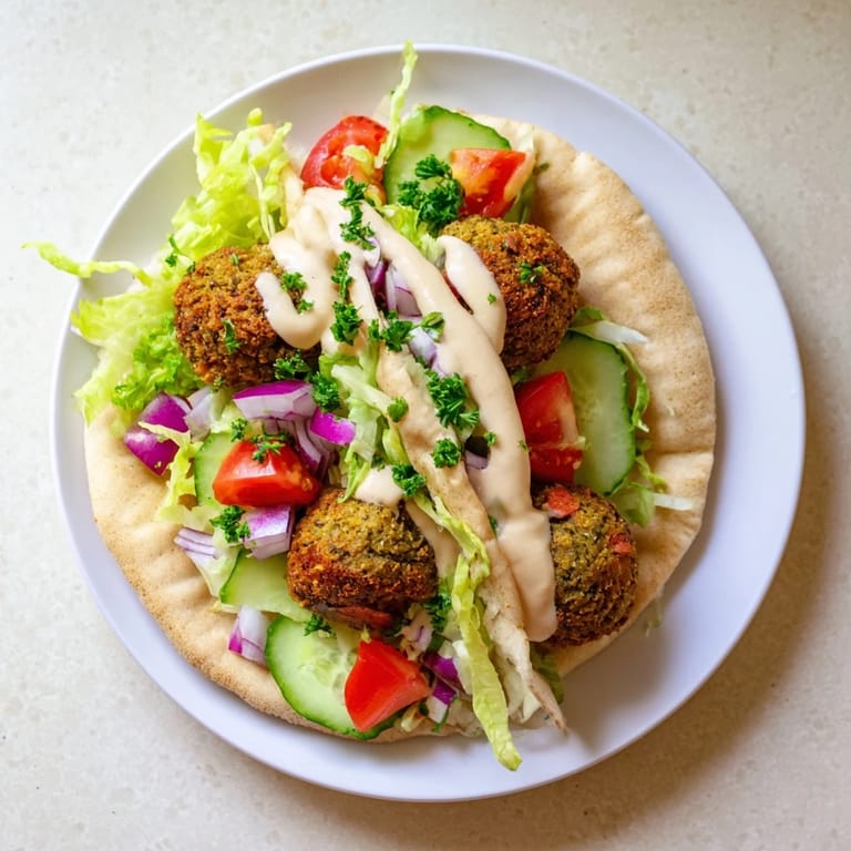 A close-up of a delicious falafel pita pocket, showing the crispy falafel and colorful, fresh ingredients inside.