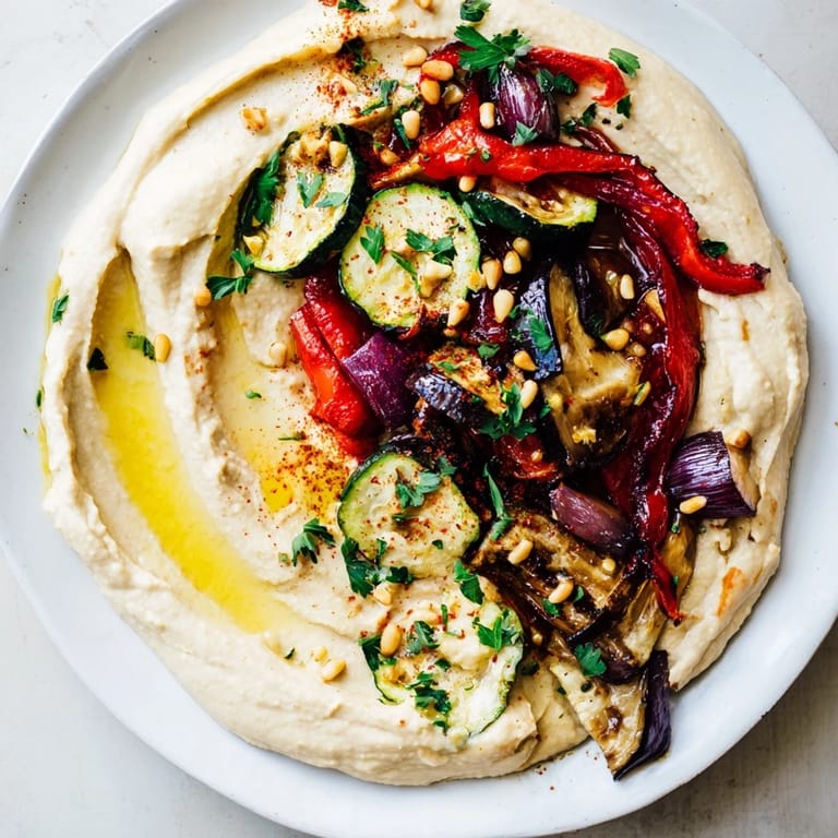 Smoky, flavorful Hummus Roasted Veggies presented, brimming with roasted eggplant, peppers, and zucchini; truly delicious.