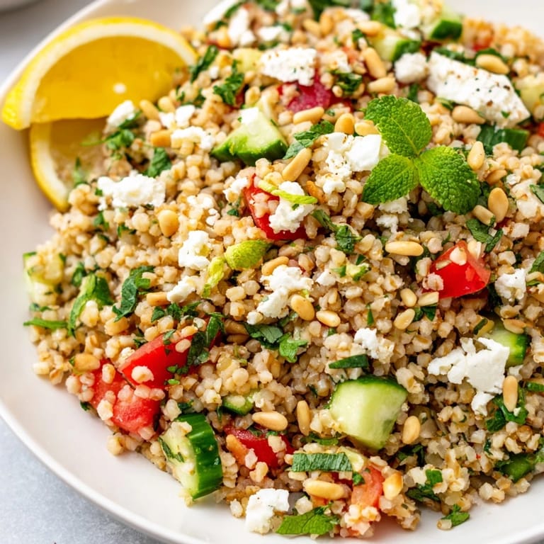 Enjoy the refreshing taste of this homemade Tabbouleh Grain Bowl with a sprinkle of feta and pine nuts.