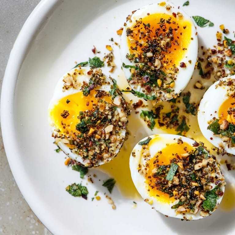 Vibrant image of Dukkah-Spiced Eggs, bursting with fresh herbs and inviting aromas for a delicious brunch.
