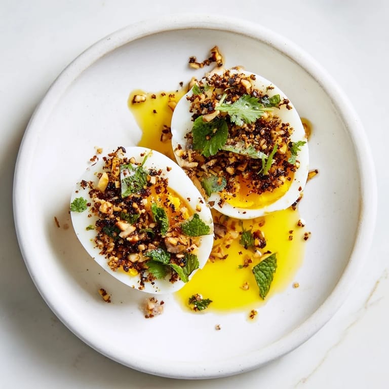 Golden yolks peek from perfectly cooked Dukkah-Spiced Eggs; ready to eat with crusty bread alongside.