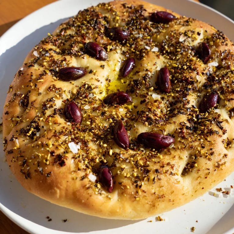 A freshly baked, soft Zaatar Olive Focaccia, boasting dimples filled with olive oil and Kalamata olives.