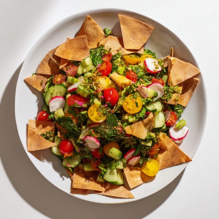 A close-up of a refreshing Fattoush Crunch Salad, drizzled with zesty dressing and crunchy pita.