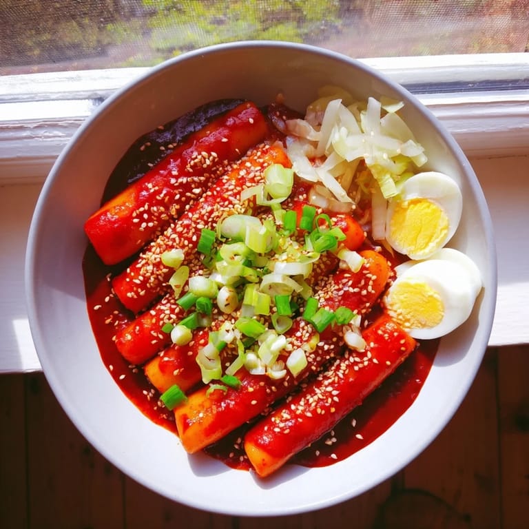 A close-up of a Korean Tteokbokki bowl, featuring glossy rice cakes and sliced green onions for a fresh, aromatic finish.
