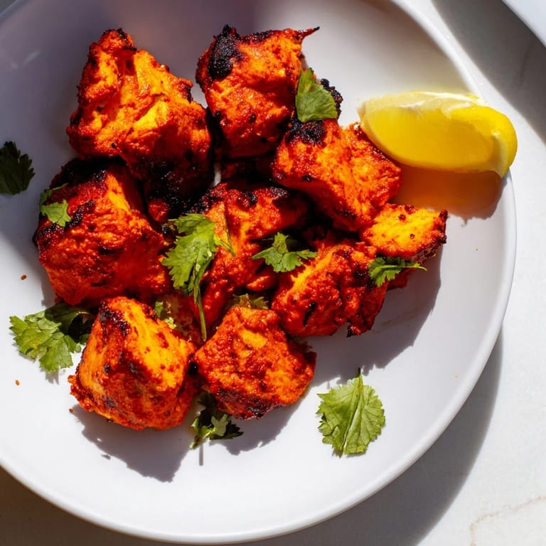 Golden-brown Indian Tikka Spiced Chicken pieces, marinated in yogurt and spices, resting on a wire rack for a crispy, caramelized finish.