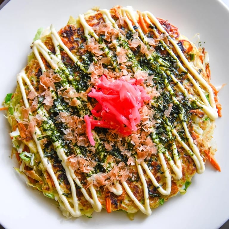 A close-up view of a savory Japanese Okonomiyaki Pancake, loaded with shredded cabbage and garnished with vibrant pickled ginger and aonori.