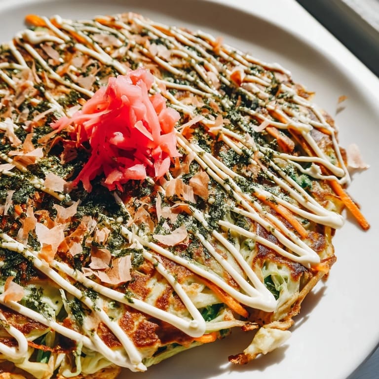 Sizzling Japanese Okonomiyaki Pancakes cook on a griddle, revealing a fluffy interior and crispy bacon edges for a comforting street food meal.