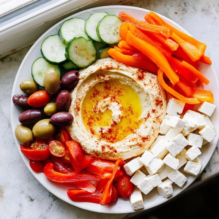 Stuffed with hummus, feta, olives, and fresh veggies, this Middle Eastern Mezze Platter is perfect for appetizers.