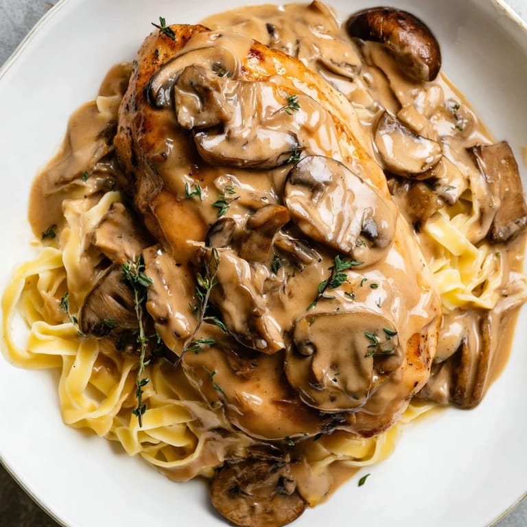 A comforting plate of Creamy Chicken Marsala with juicy chicken and mushrooms paired with pasta, perfect for a hearty dinner.