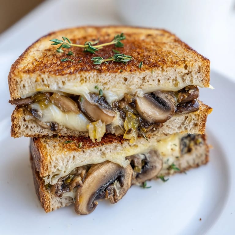Two halves of a golden, vegetarian Mushroom Swiss Grilled Cheese are stacked beside a bowl of creamy tomato soup.