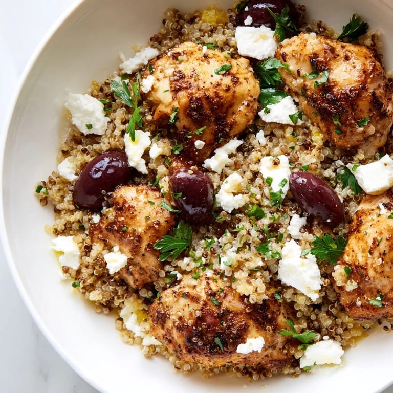 Platter of Mediterranean Chicken Bowl featuring juicy chicken, olives, cucumbers, and lemon dressing.